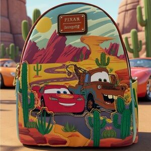 Pixar Cars Lightning McQueen Mater Desert Scene Loungefly Backpack NWT